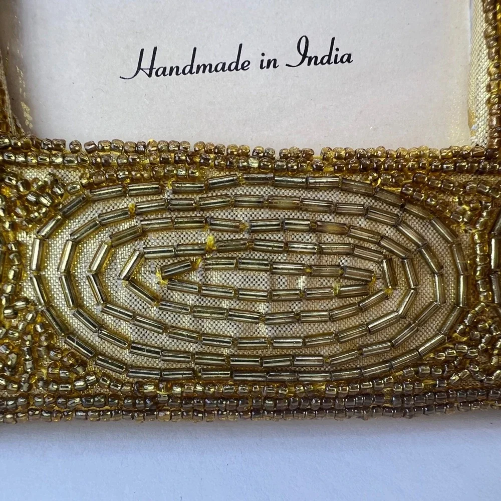 Vintage Bronze Yellow Beaded Picture Frame 3x3 Hand Embroidered India Ornate